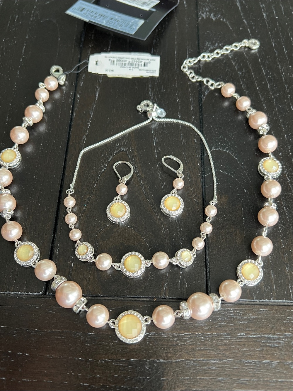 Anne Klein Pink Pearl Necklace, Bracelet & Earring Set with Yellow Accents
